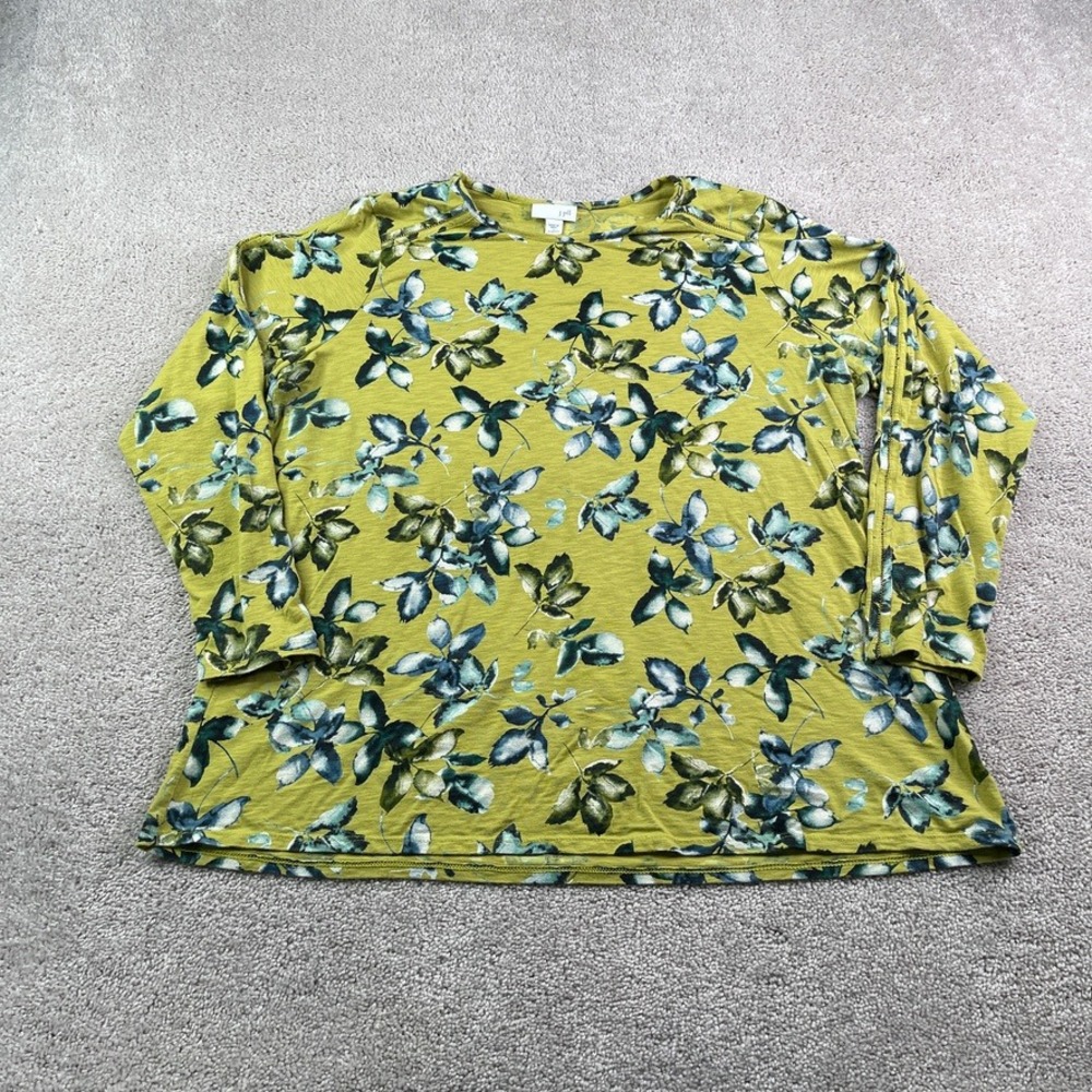 J Jill Top Womens 1X Green Floral Falling Leaves Long Sleeve Cotton Modal